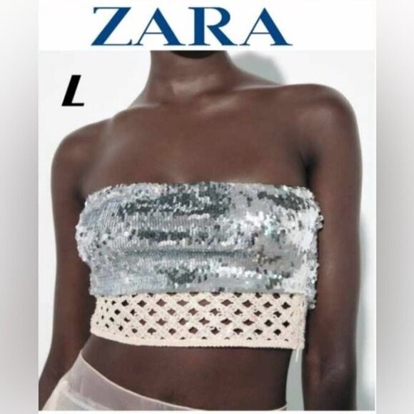 Zara Tops - Zara - Ladies, Strapless Contrast Sequin Top - Aged Silver. Size' L. NWT. (1433)